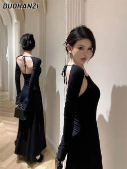 DUOHANZI Chân váy nữ Đầm dài Đầm dài không lưng cổ vuông không dây dài tay Đầm dài phong cách Y2K