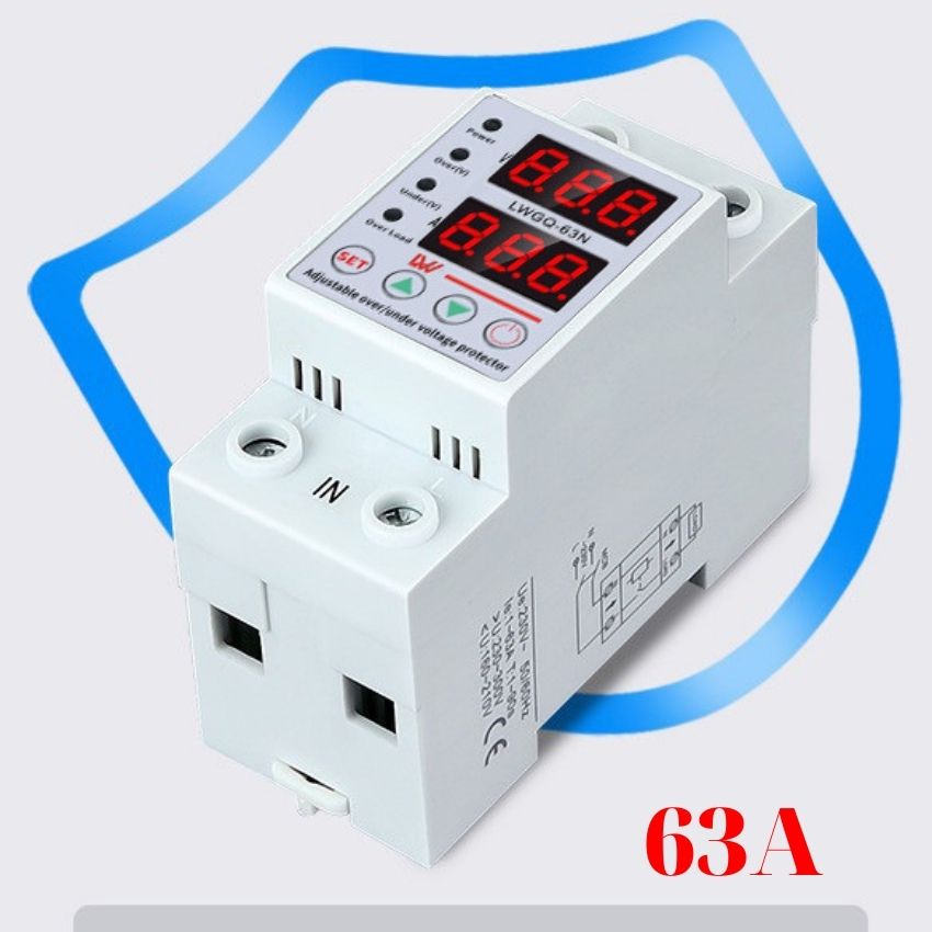 Thiết bị bảo vệ điện áp và dưới áp có thể điều chỉnh đường ray din 63a 220v bảo vệ tiếp sức sử dụng nhà bảo vệ quá dòng, kép l-ed hiển thị