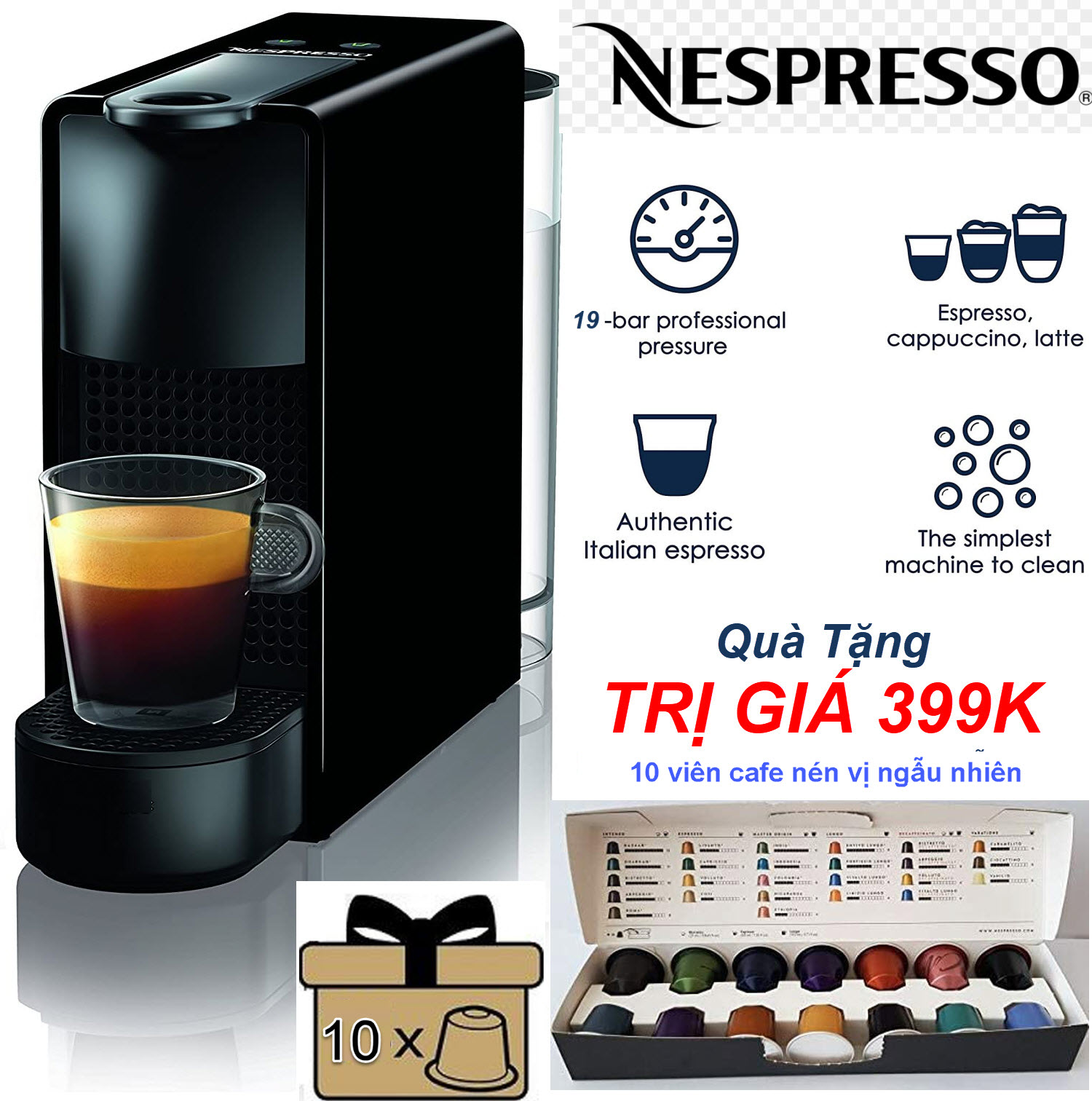 Quà Tặng Trị Giá 399K - Máy pha cà phê Nespresso Essenza Mini C30 - Nespresso Essenza Mini C30 Espresso Coffee Machine, 19Bar - 1450W, Multiple Capsule Type Usable, Stainless Steel, For Home - Business, Cafetera Dolce Gusto and Powder, Compact