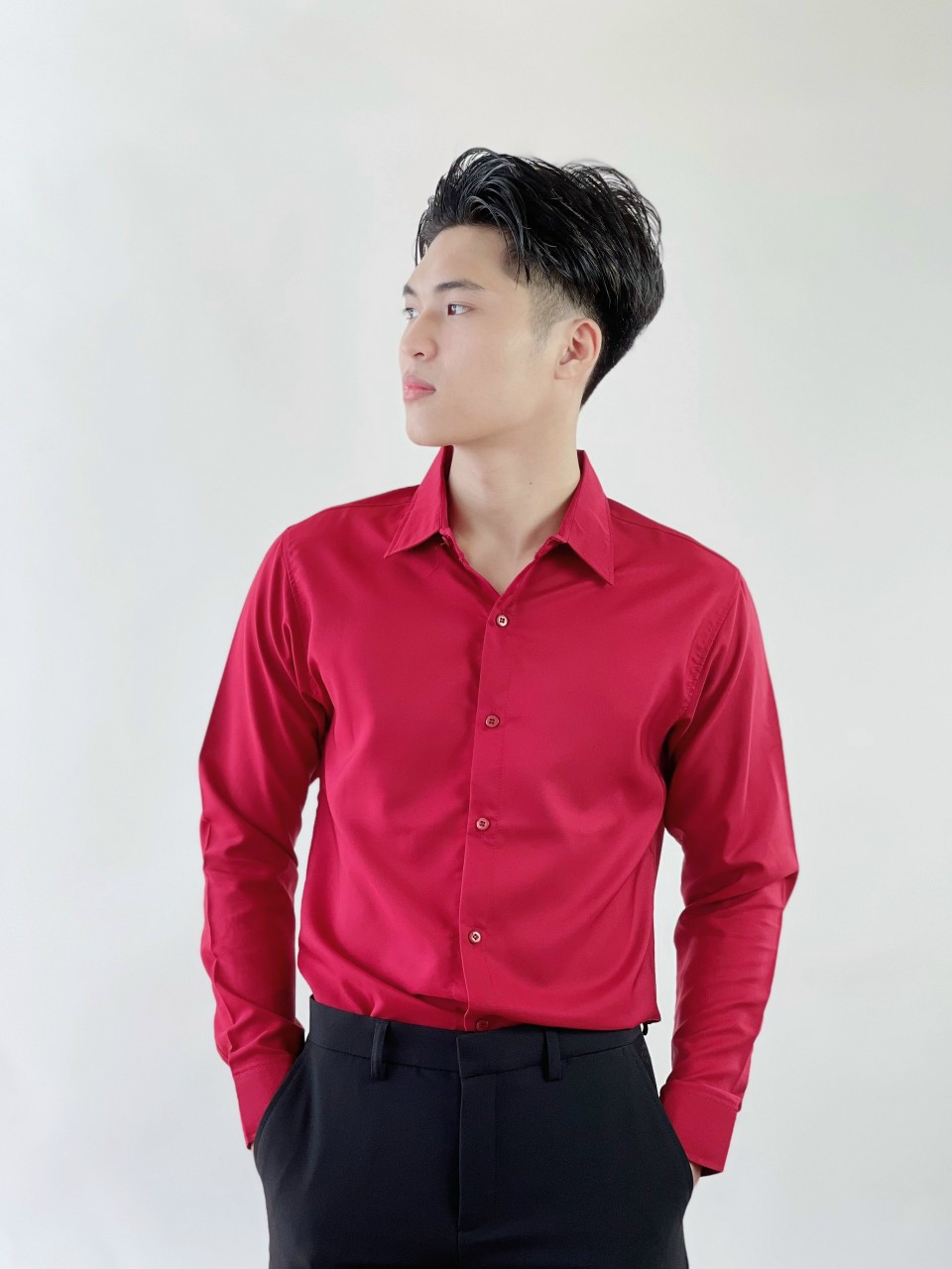 Áo sơ mi nam tay dài cổ chữ v trơn chất liệu vải kate lụa sm01