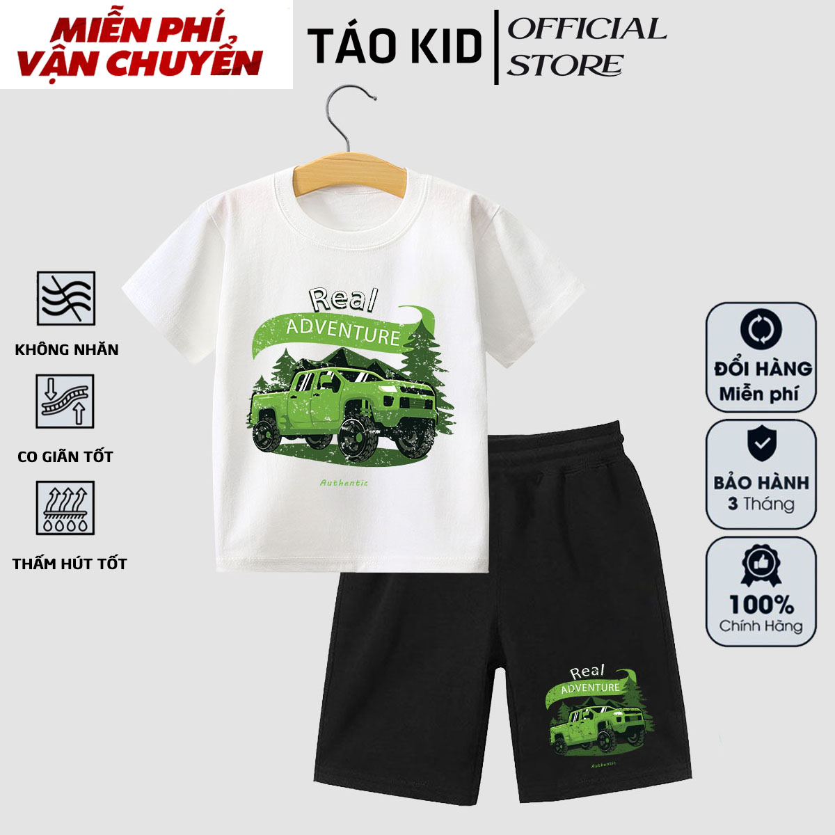 Đồ bộ bé trai, đồ bộ bé gái cộc tay Táo Kid chất cotton in hình Xe Bán Tải Màu Xanh Lá từ 0 đến 10 tuổi TK72