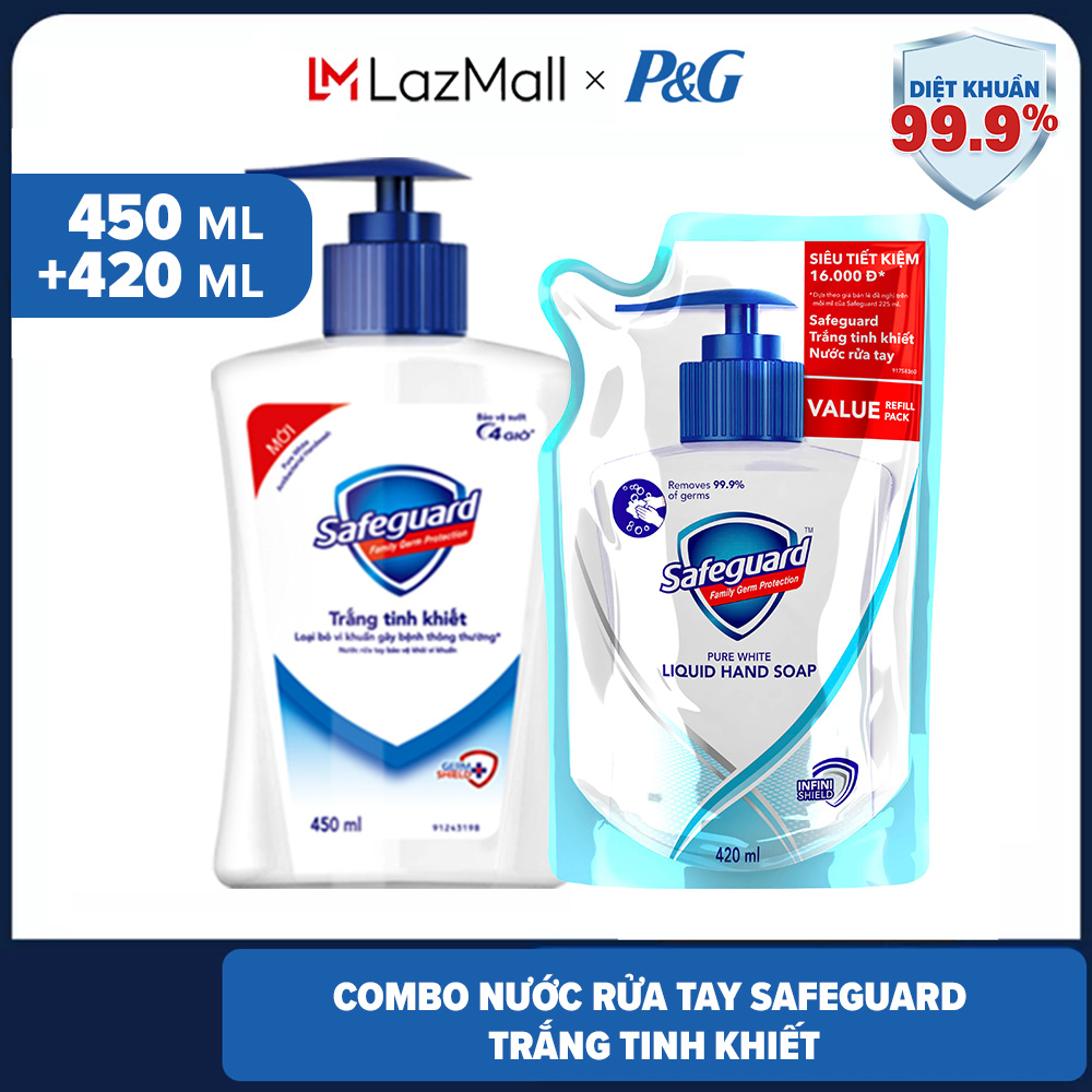 Combo nước rửa tay safeguard chai 450ml và túi 420ml diệt 99.9% vi khuẩn nhiều mùi hương