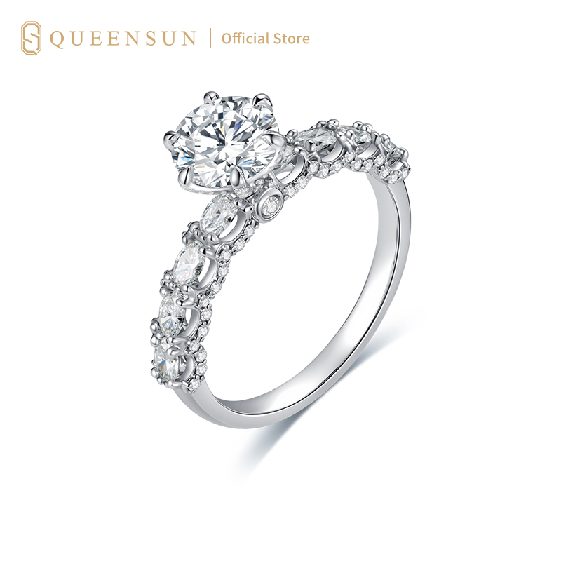 Queensun﻿ 18k Gold Lab Diamond Halo Cluster Engagement Ring | Lab Diamond Cluster Ring | Minimalist Luxury Diamond Ring | 18K金培育钻石求婚戒指  复古风满钻戒臂设计 日常百搭高级感珠宝