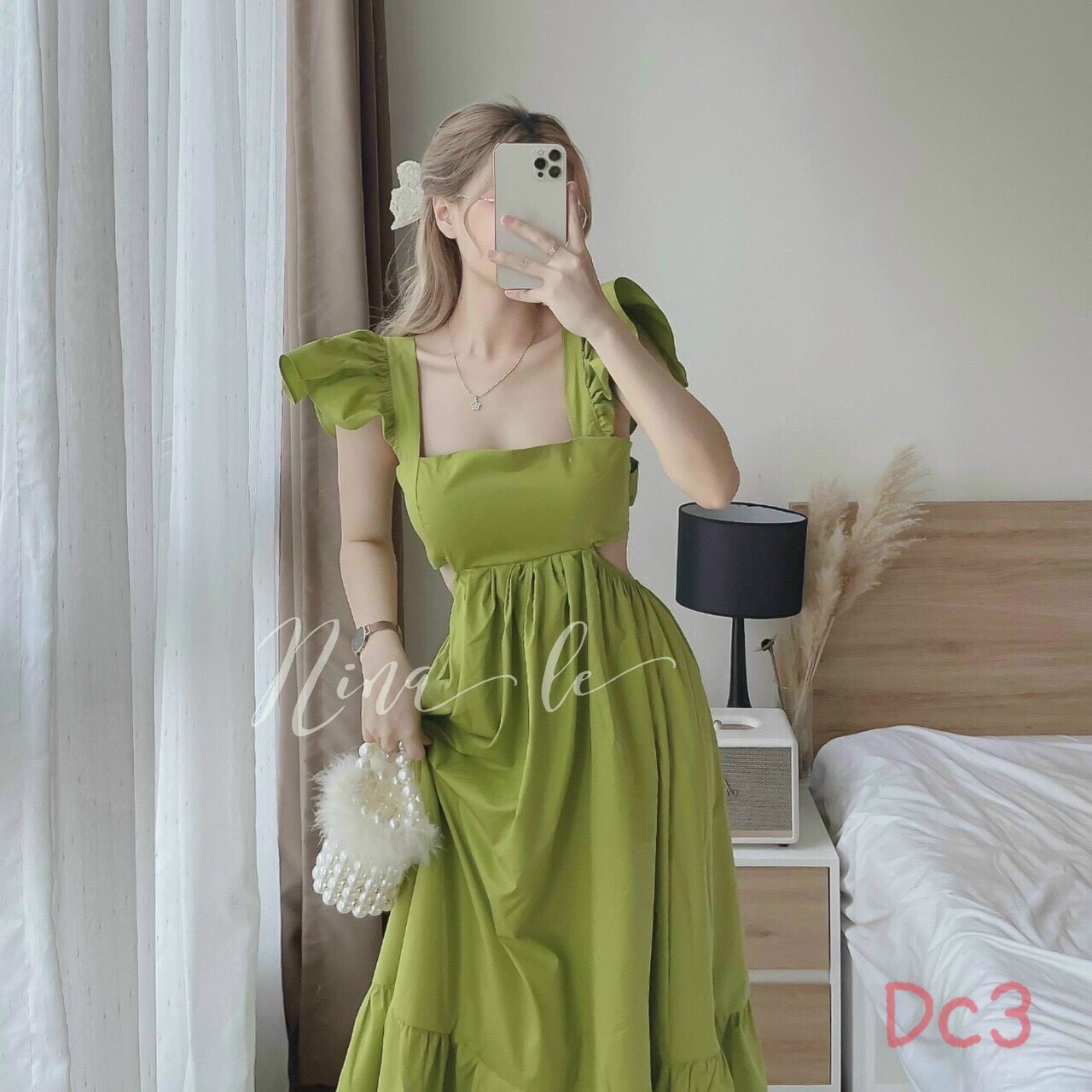 Đầm midi thiết kế hở lưng cột nơ sau , tay cánh tiên , sexy , phong cách
