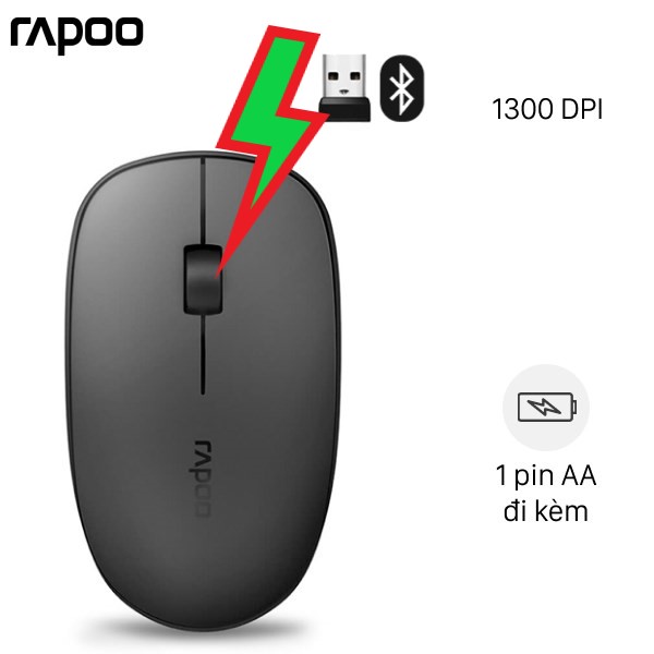 T200 chuột Không dây Bluetooth Rapoo Đen xám - dành cho người thuận 2 tay, tặng kèm pin AA không tiến ôn