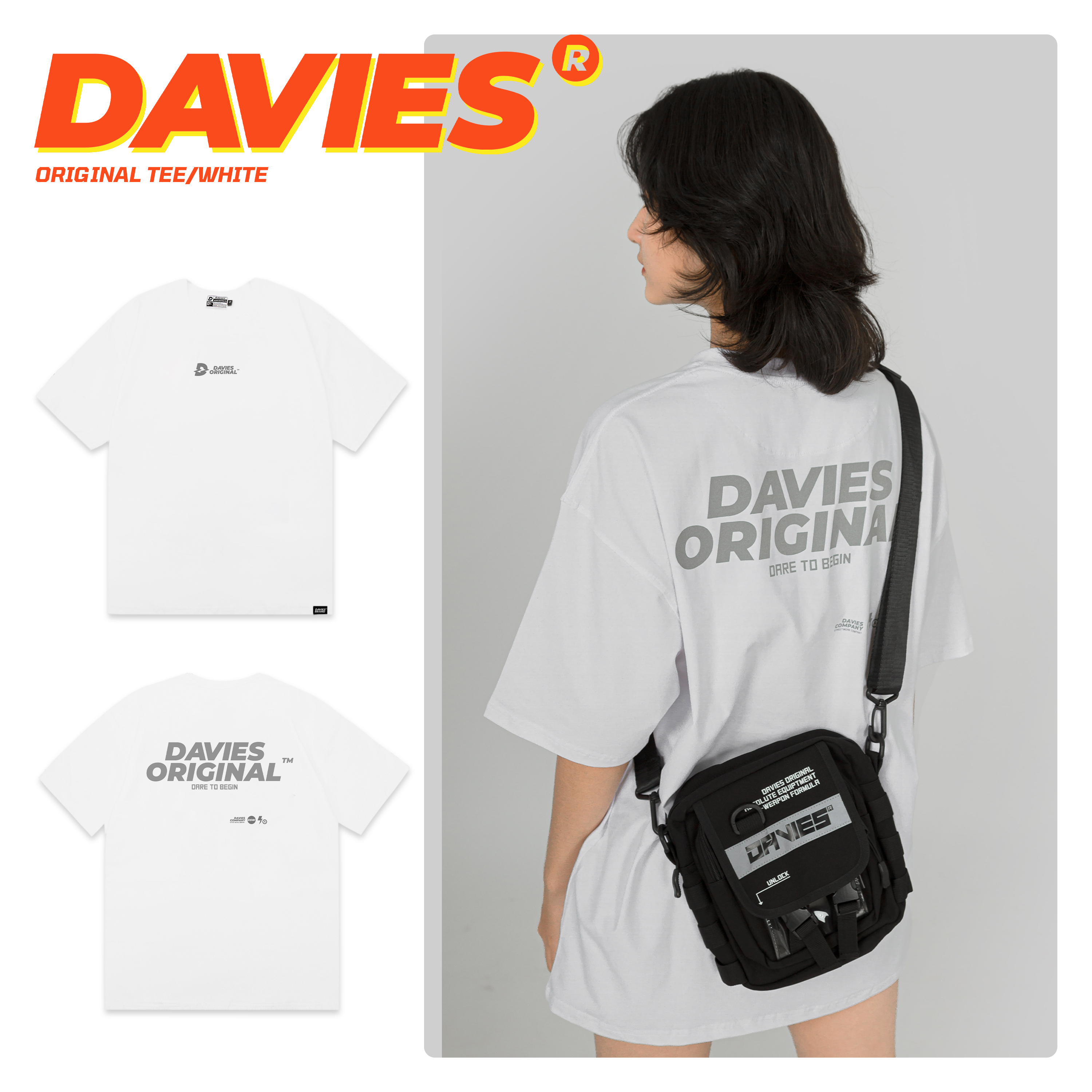 Áo thun Davies nam nữ tay lỡ form rộng phản quang Original Tee - White
