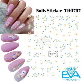 Sticker Dán Móng Tay 3D Dạng Decal Dán Chống Nước Hoạ Tiết Thỏ Trắng Và Hoa Nhỏ Bunny Patterns And Floral TH0797