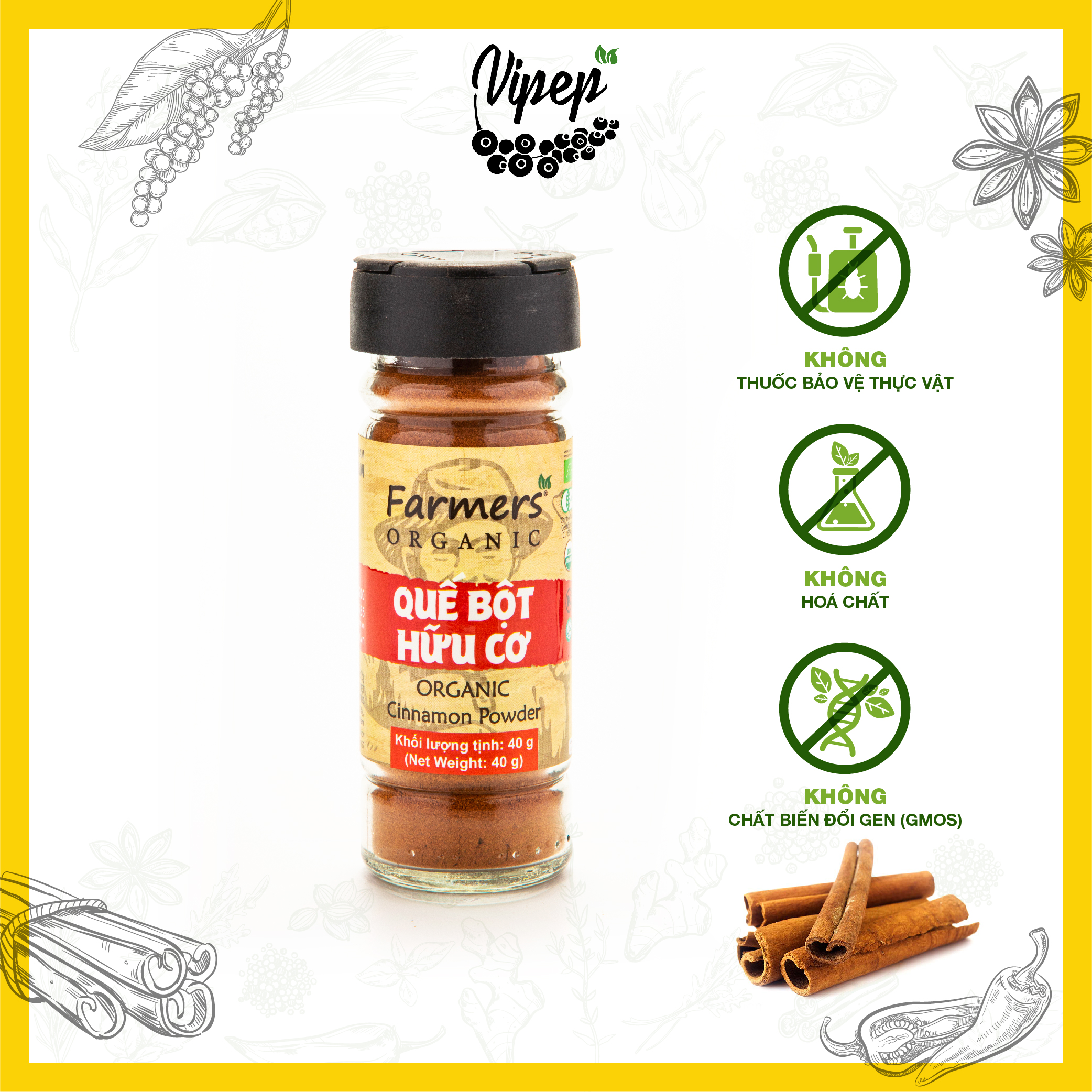 Bột quế hữu cơ Farmers 40g thượng hạng không tạp chất, gia vị tẩm ướp, nêm nếm thực phẩm tốt cho sức khoẻ