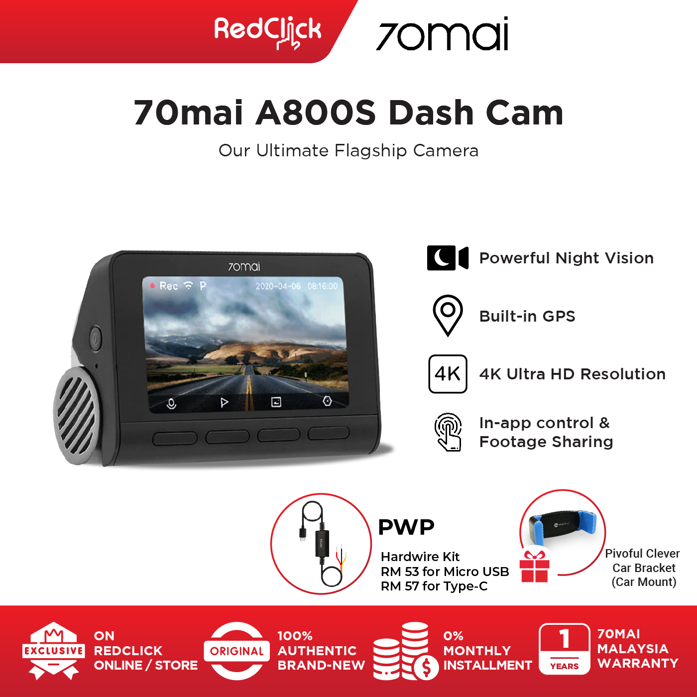 70Mai Dashcam A800s 4K UHD Resolution 3” HD Display Screen Super Night Vision Built-In GPS ADAS Easy Installation Compatible With App Control + Free Gift