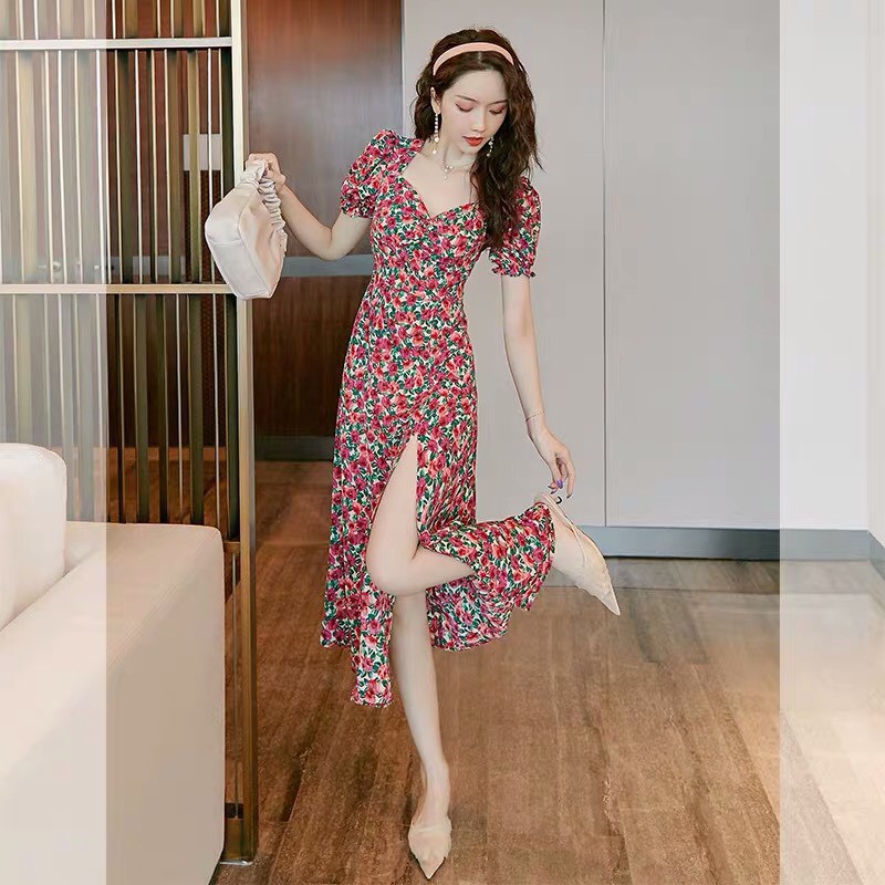 Đầm hoa nhí cổ lục giác tay phồng