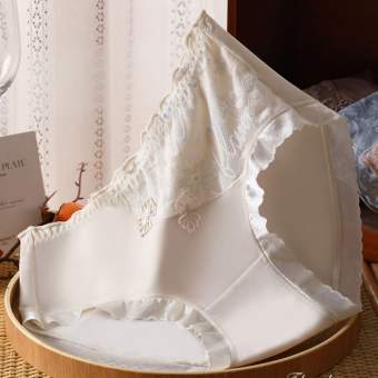 FAULT Thoáng khí Đáng yêu Đồ Lót Cạp vừa Màu trơn Lụa băng Bacteriostatic Thêu Quần lót dễ thương Quần lót ren nữ Đồ lót Hàn Quốc