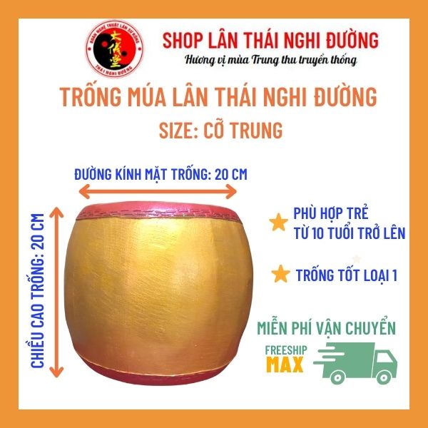 Trống múa lân Thái Nghi Đường cỡ trung, trống đồ chơi trẻ em, mặt trống da trâu, làm đồ chơi múa lân trẻ em, đồ chơi vận động cho bé, đồ chơi cho bé trai, đồ chơi cho bé gái