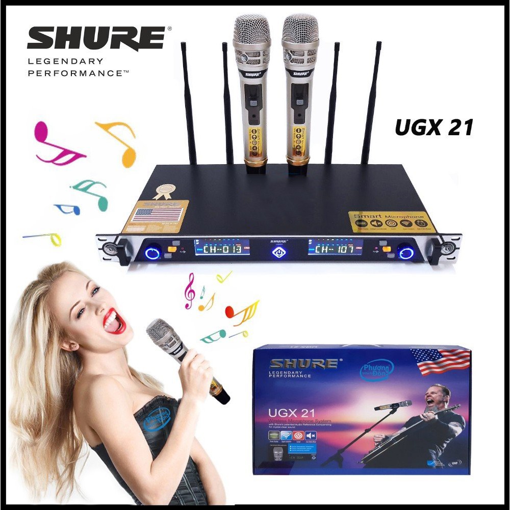 Micro không dây cao cấp shure ugx21, dàn karaoke chuyên nghiệp shure ugx21, hàng chuẩn cao cấp 4 anten bắt sóng cực mạnh kết hợp 4 hộp sóng lớn bên trong hát cực hay chất âm đều dài độ nhạy cao chống hú, hát cực hay, bảo hành 1 năm.