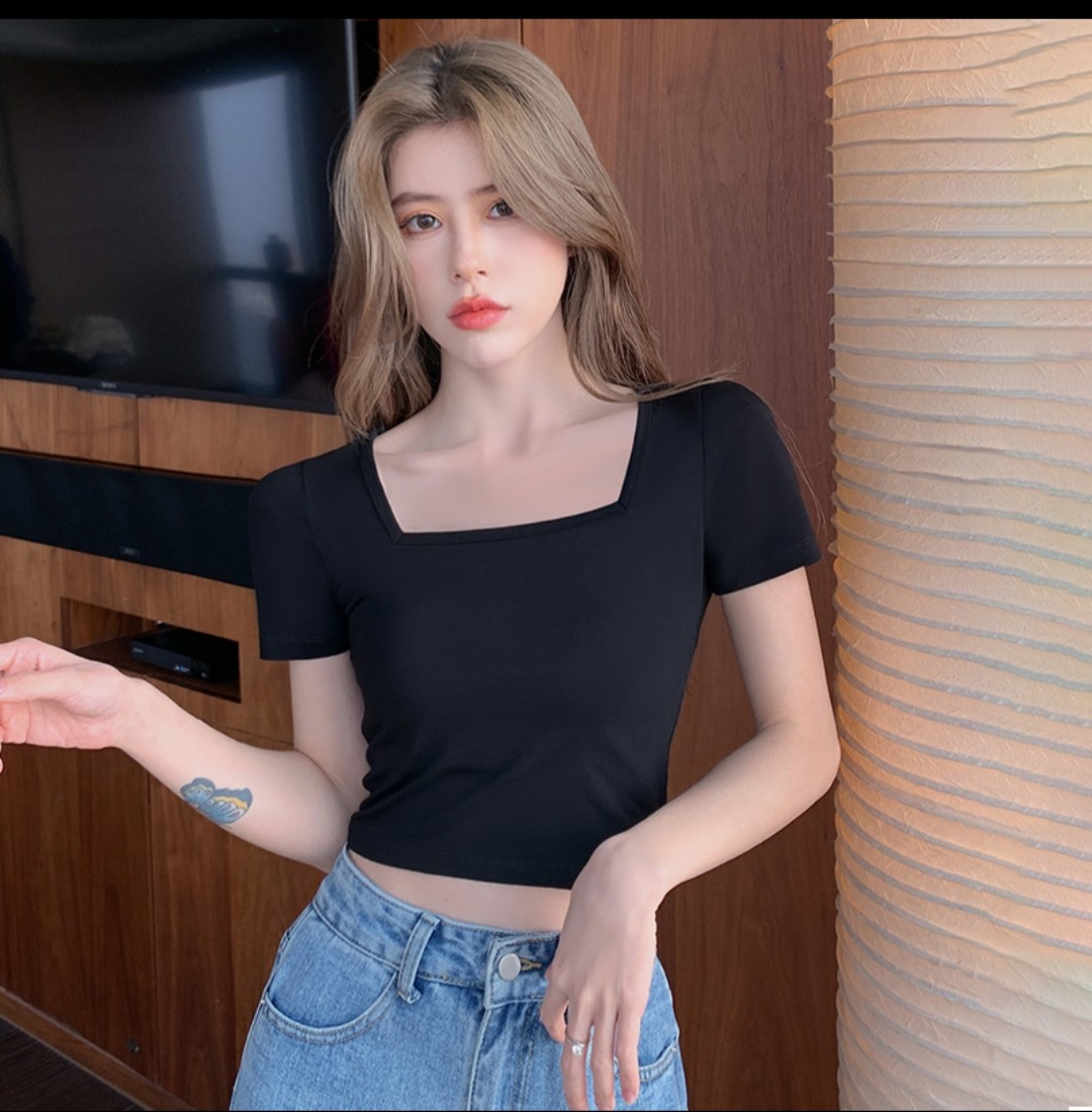 Áo croptop cổ vuông fom ôm, áo thun nữ, áo thun nữ đen trắng
