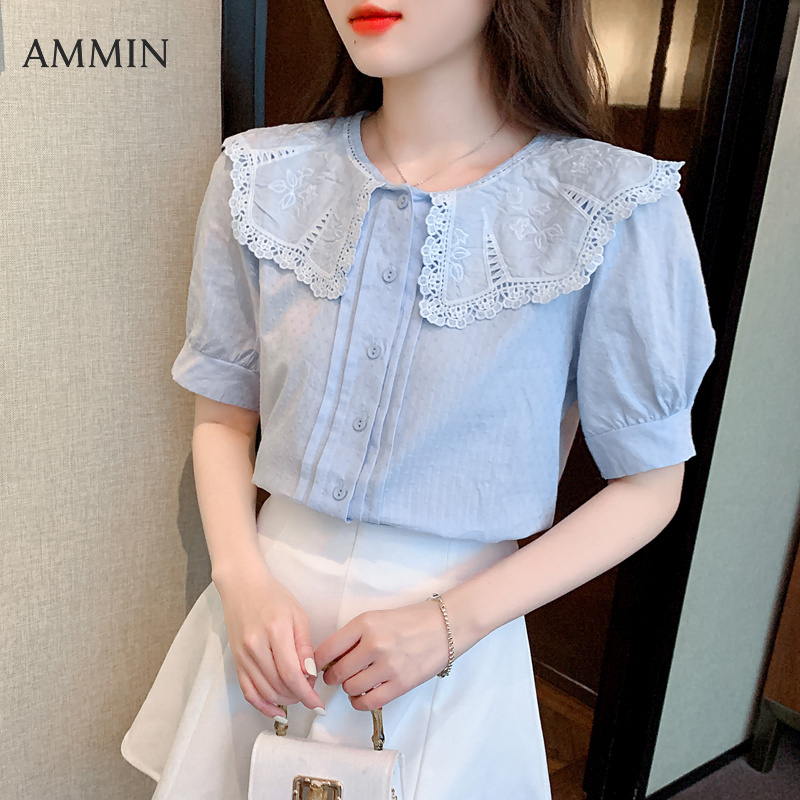 AMMIN Áo Ren Cổ Búp Bê Công Sở Thường Ngày Phong Cách Hàn Quốc Áo Voan Khâu Ren Tay Ngắn Thời Trang Mới Mùa Hè 2022