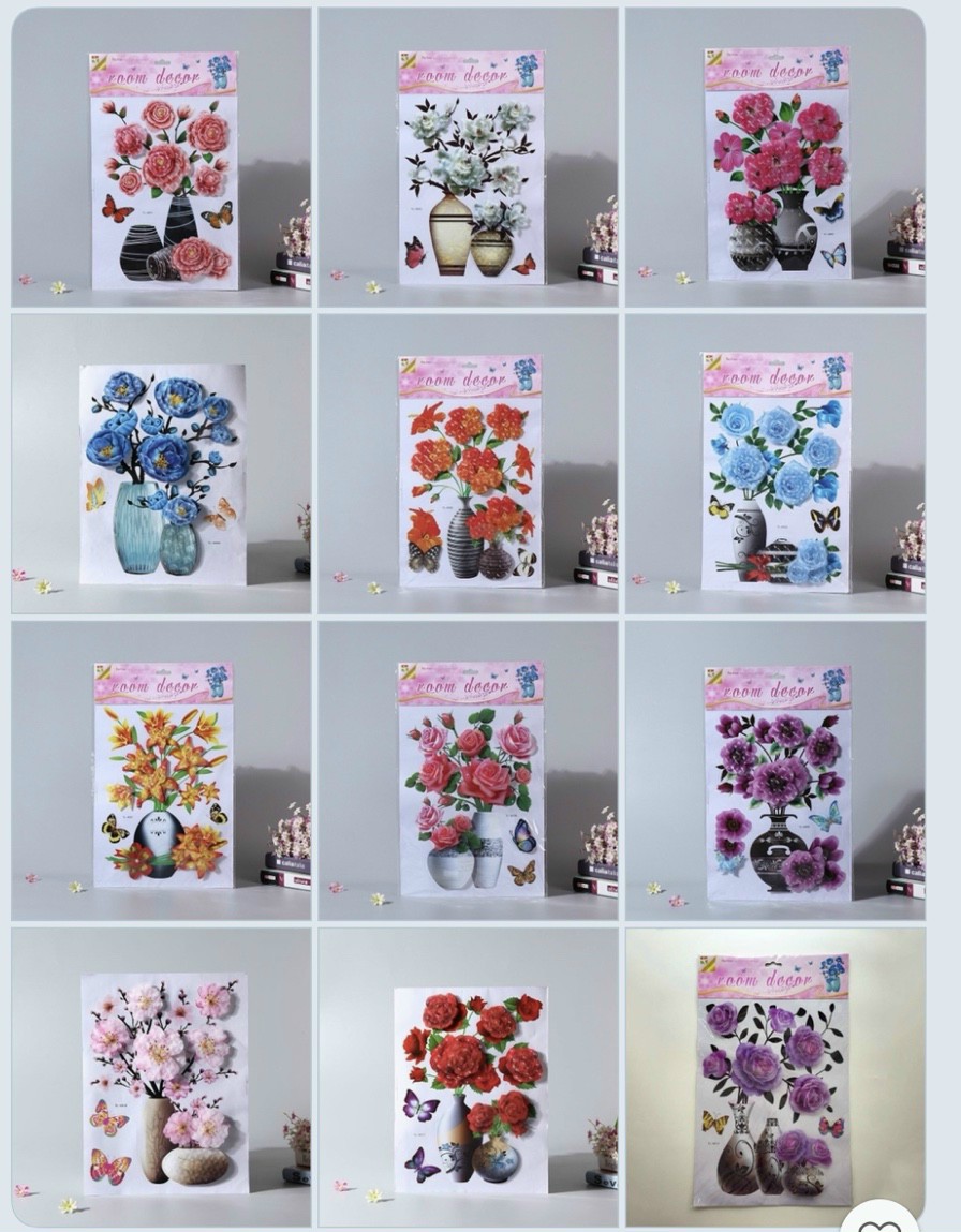 Decal dán tường bình hoa nổi 3d, decal dán tủ lạnh khổ 30 * 50cm