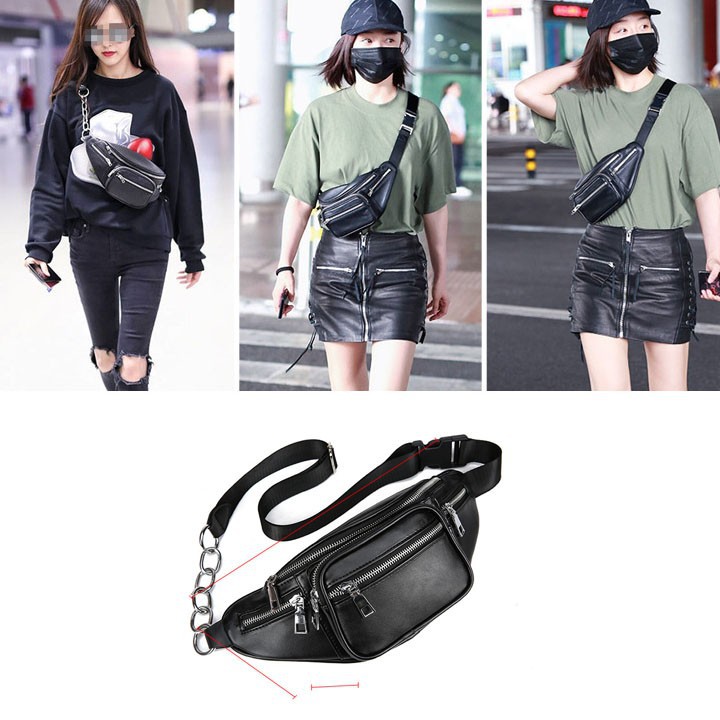 Túi chéo bao tử nam & nữ unisex đeo vai xách đeo bụng đẹp đi chơi, đi học chất da lắc xích
