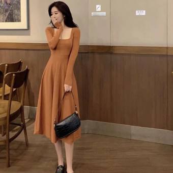 Đầm body len tăm Guuhouse dài tay cổ vuông dáng xòe cao cấp