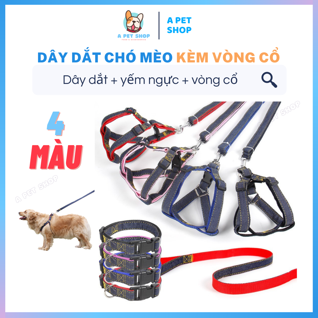 Dây dắt chó mèo dạng yếm kèm vòng cổ vải jean - dây xích chó mèo dạng yếm kèm vòng cổ - dây dắt chó mèo đi dạo dạng yếm kèm vòng cổ - a pet shop