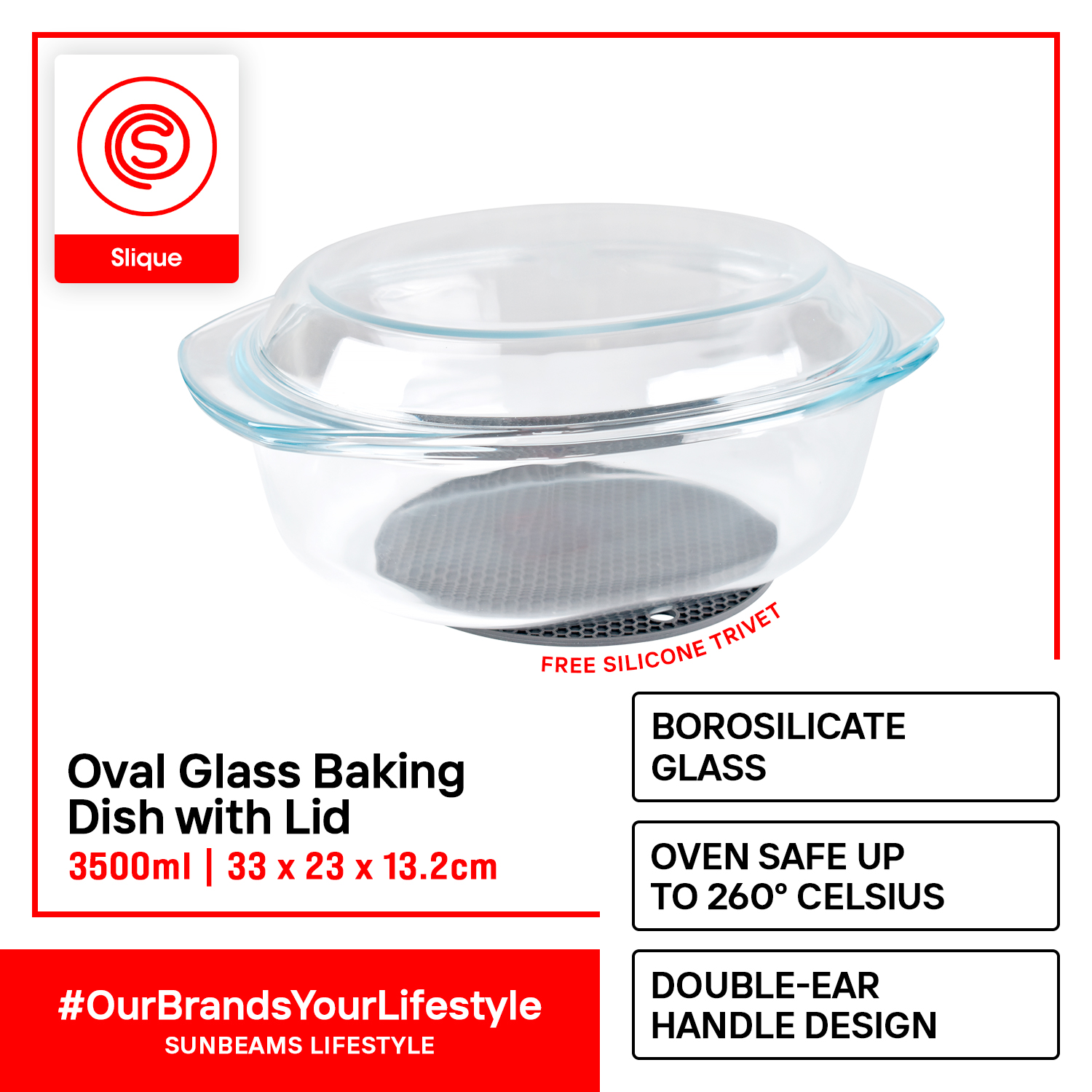 2.2L Baking glass dish with ear for oven safe