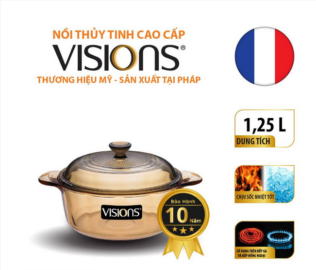 Nồi thủy tinh pháp visions vs-12 1.25l , kích thước 18cmx7cm , bảo hành 10 năm , xuất xứ từ pháp - hàng chính hãng