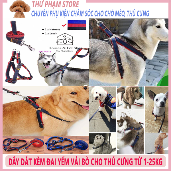 Dây Dắt Chó Mèo Thú Cưng kèm Đai Yếm - Chó Lớn 8-25kg bằng Vải Jean Vải Bò Cao Cấp siêu chắc chắn Bền Đẹp
