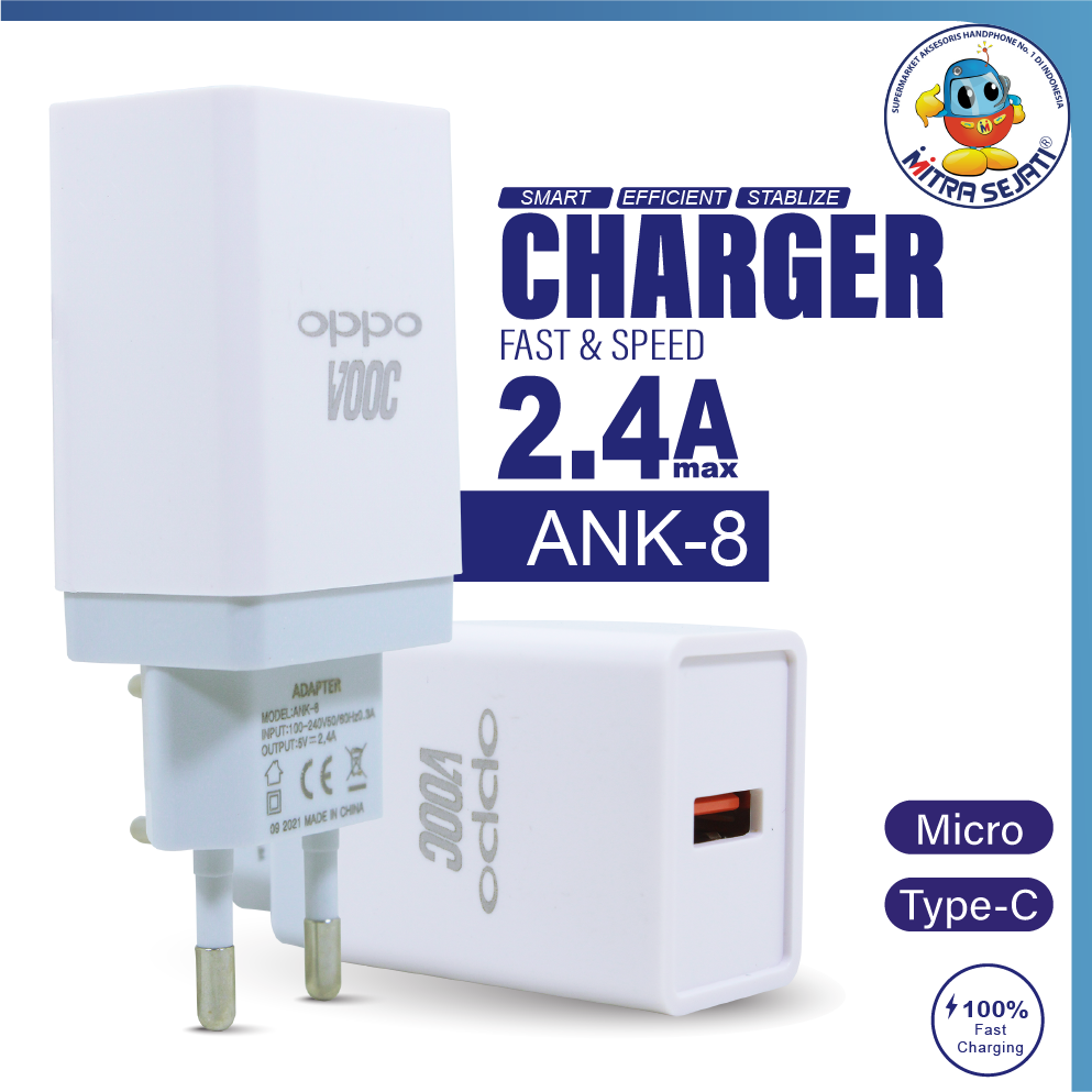Charger ANK8 2400mAh Branded Oppo for Micro USB dan Type C-ATCMIC24OPA8