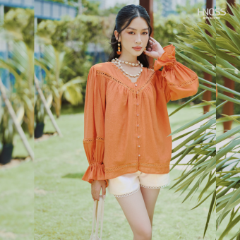 Áo Kiểu Nữ Thời Trang HNOSS Form Rộng Phối Ren Tay Phồng HNAKI080