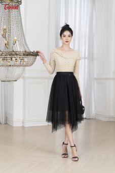 Chân váy xòe đen 2 lớp lưới chấm cắt xéo (limitted) Toson 33988B52
