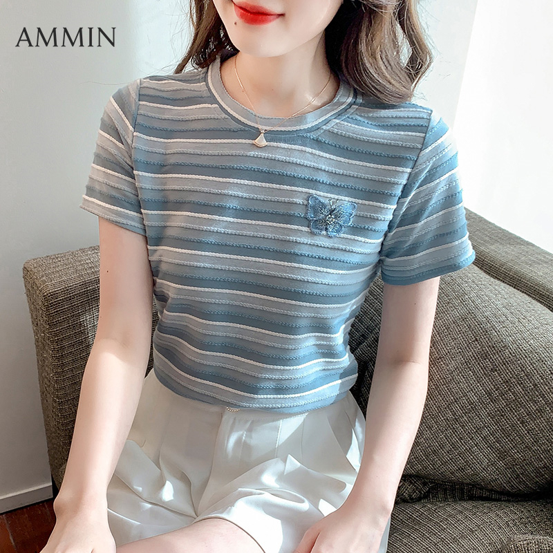 AMMIN Áo Cánh Thanh Lịch Thêu Bướm Ba Chiều Thời Trang Cổ Tròn Đơn Giản Phong Cách Hàn Quốc Áo Thun Cotton Kẻ Sọc Ngắn Tay Màu Sắc Mới Mùa Hè 2022 Cho Nữ Áo Ins