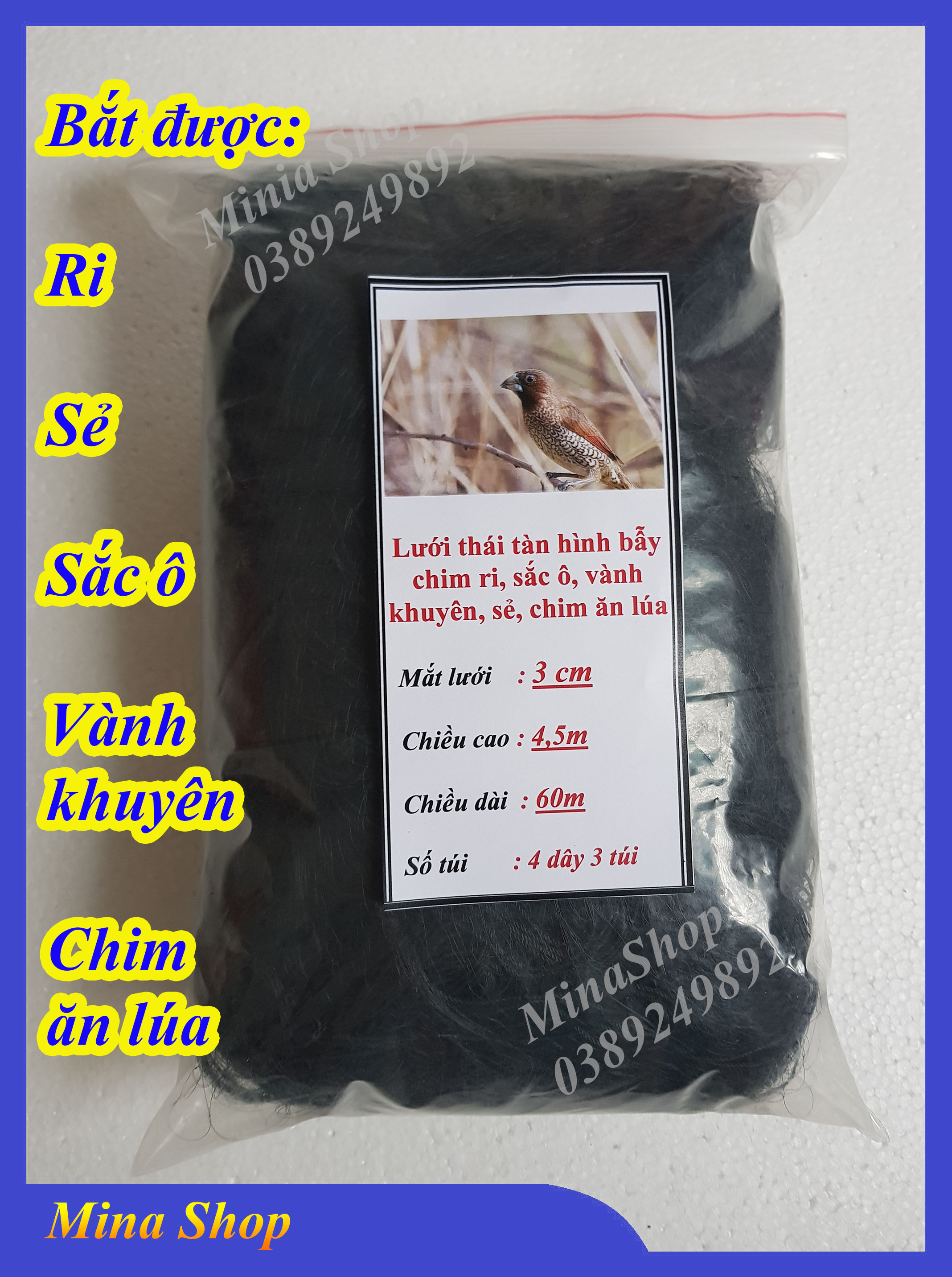 Lưới bẫy chim lưới tàn hình lưới 3 phân 60m bắt chim ri chim sẻ chim sắc ô chim vành khuyên chim ăn lúa