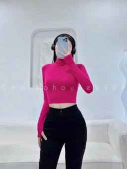 Áo Croptop Tay Dài Cổ Lọ, Dáng Ôm Cổ Cao Kiểu Dáng Thanh Lịch, Chất Borip Lụa Mịn Mát Co Giản, Ảnh Thật UY5944