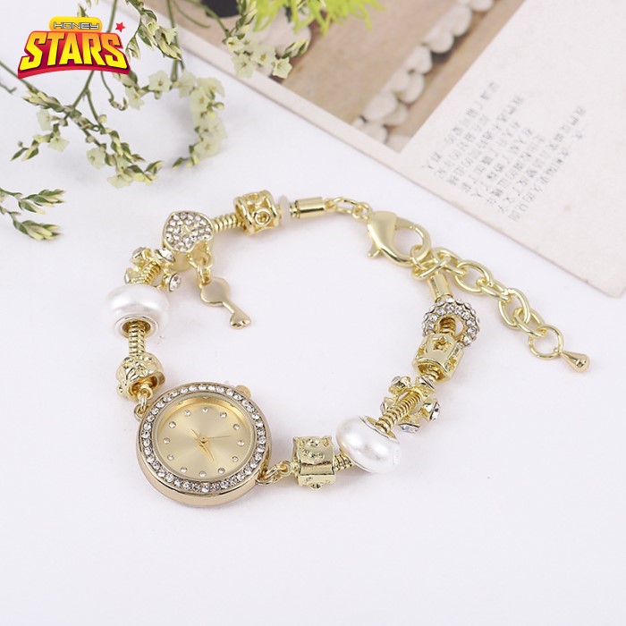 HCM Đồng hồ nữ đẹp sang trọng phong cách Pandora vòng lắc tay hạt Charm trắng Tặng kèm hộp và pin Honey Stars 818333