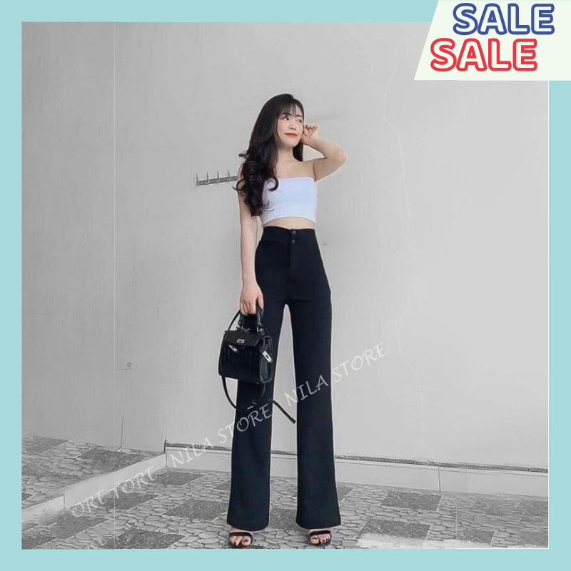 Quần tây ống loe cạp to 2 khuy dáng dài, quần tây công sở dày dặn phối áo mặc đi học đi làm chuẩn hàng L1