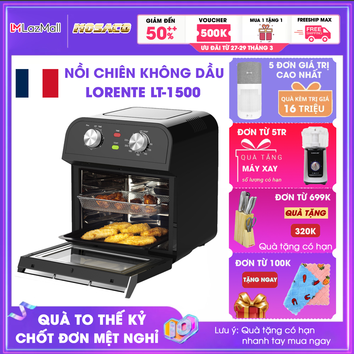 Nồi Chiên Không Dầu Lorente LT-1500 Dung Tích Khổng Lồ 15L công suất 1600W 100% INOX siêu bền, không rỉ. Nồi chiên không dầu Thiết kế tinh tế với màn hình cảm ứng LCD với 10 chức năng hoàn hảo - MOSACO