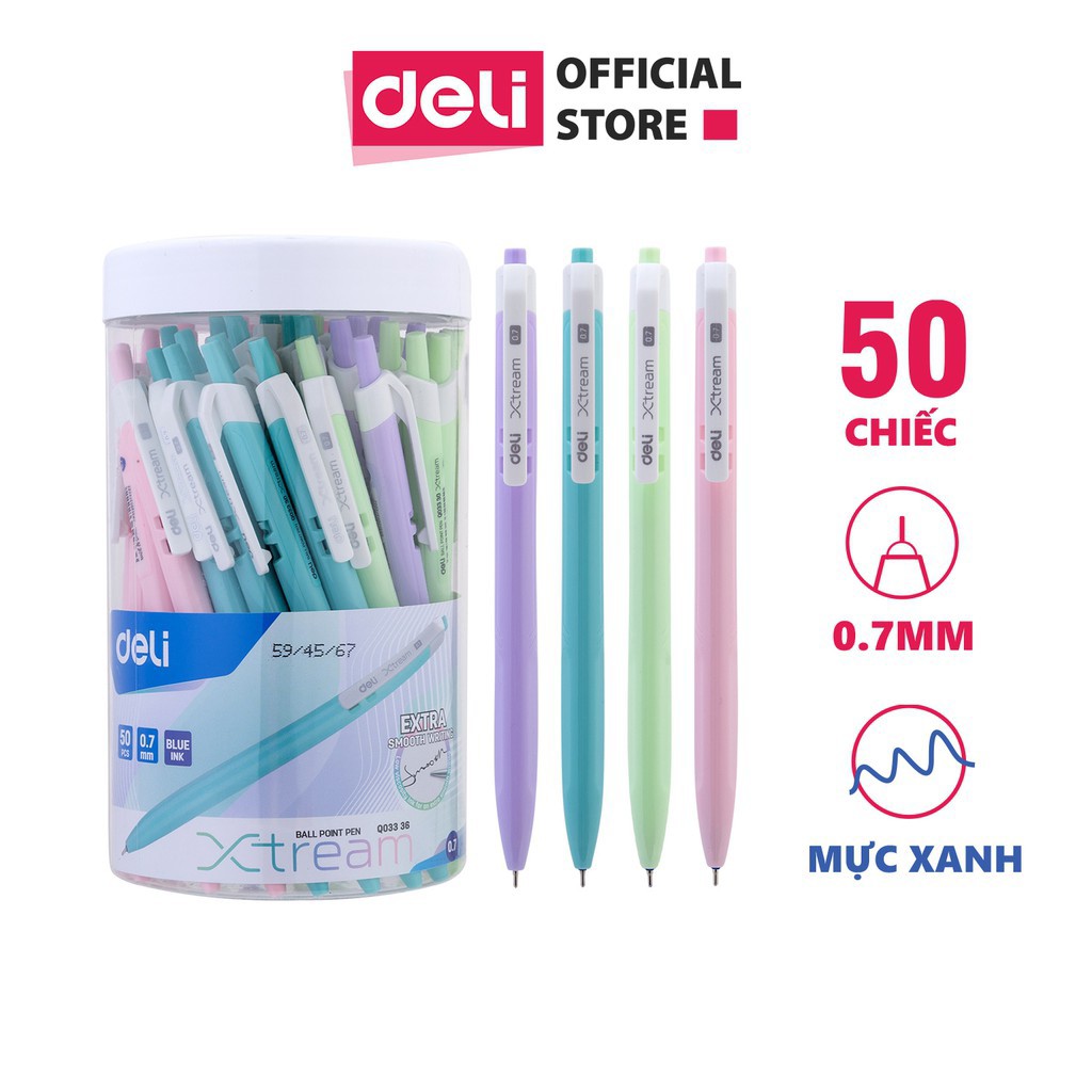 Bút bi dầu Chính Hãng Deli - Bút Bi Ngòi 0.7mm đầu bấm - 50 chiếc/hộp - EQ03336/EQ03236/EQ02836