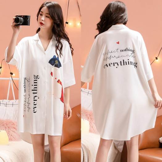 Váy ngủ nữ Cho Phụ Nữ, V-Cổ Cài Cúc Voan Phim Hoạt Hình Mùa Hè Mỏng Ngủ