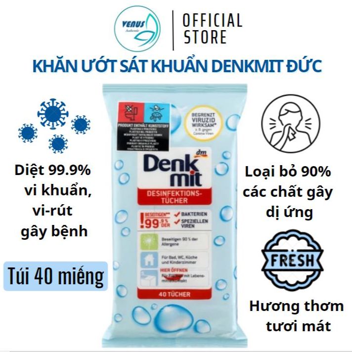 Khăn ướt sát khuẩn khử trùng Denkmit Hygiene-Reinigungstücher diệt 99.9% vi khuẩn, vi-rút gây bệnh & các chất gây dị ứng - Túi 40 miếng - Nội địa Đức