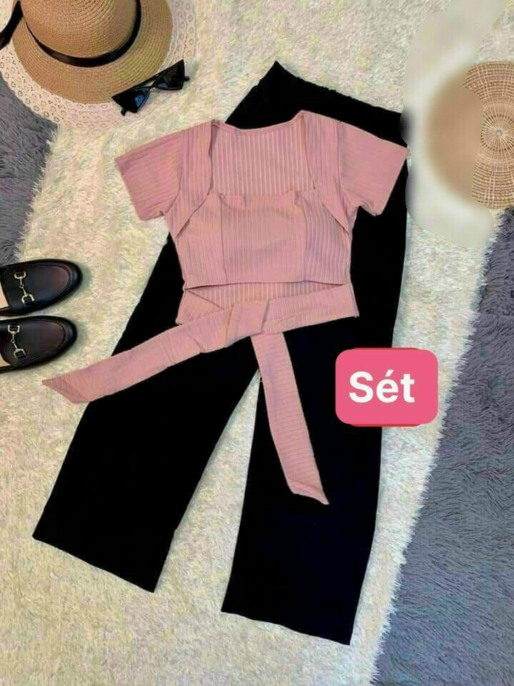 Set áo quần thun nữ phối dây dài cột nơ eo áo thun croptop áo thun gân áo thun giá rẻ áo thun