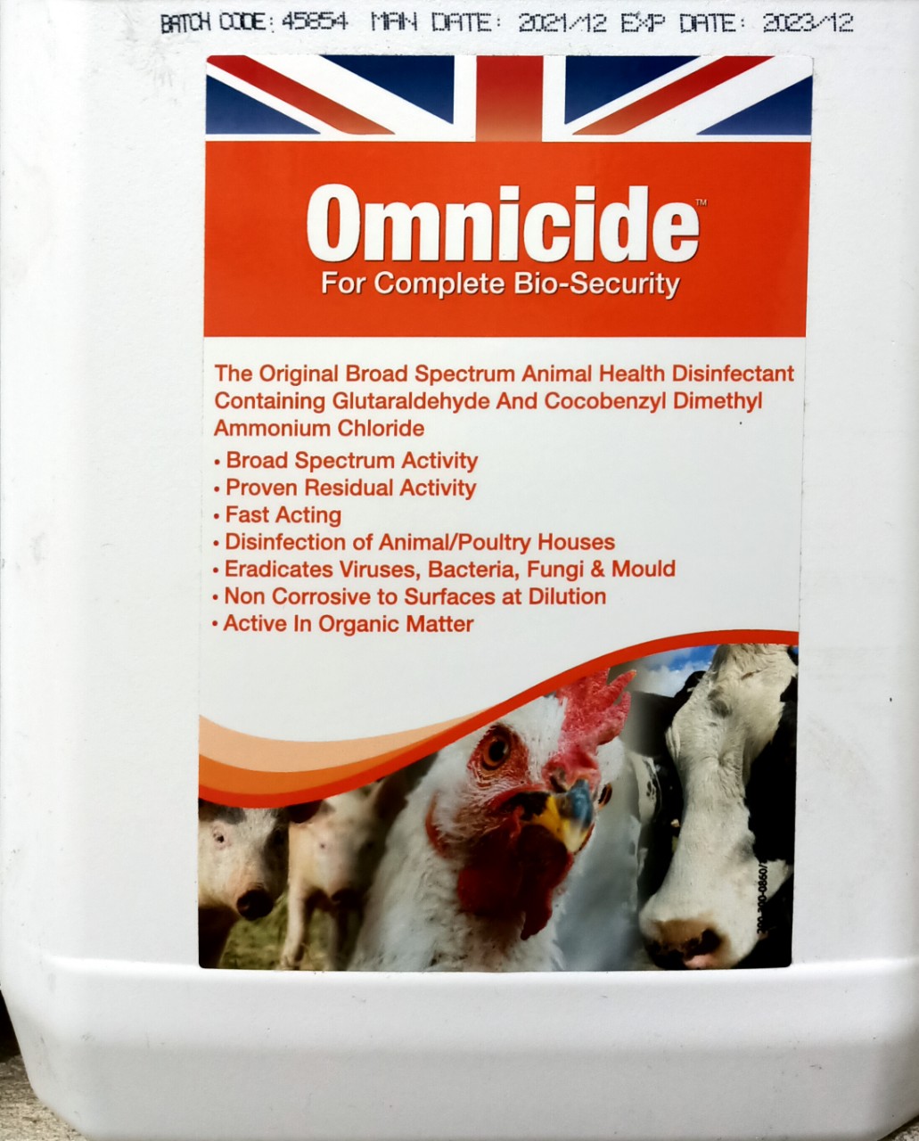 OMNICIDE 5 lít nhập Anh. Sát trùng, sát khuẩn phổ rộng, diệt vi rút, vi khuẩn, nấm. Sát Trùng Chăn Nuôi hàng tốt.