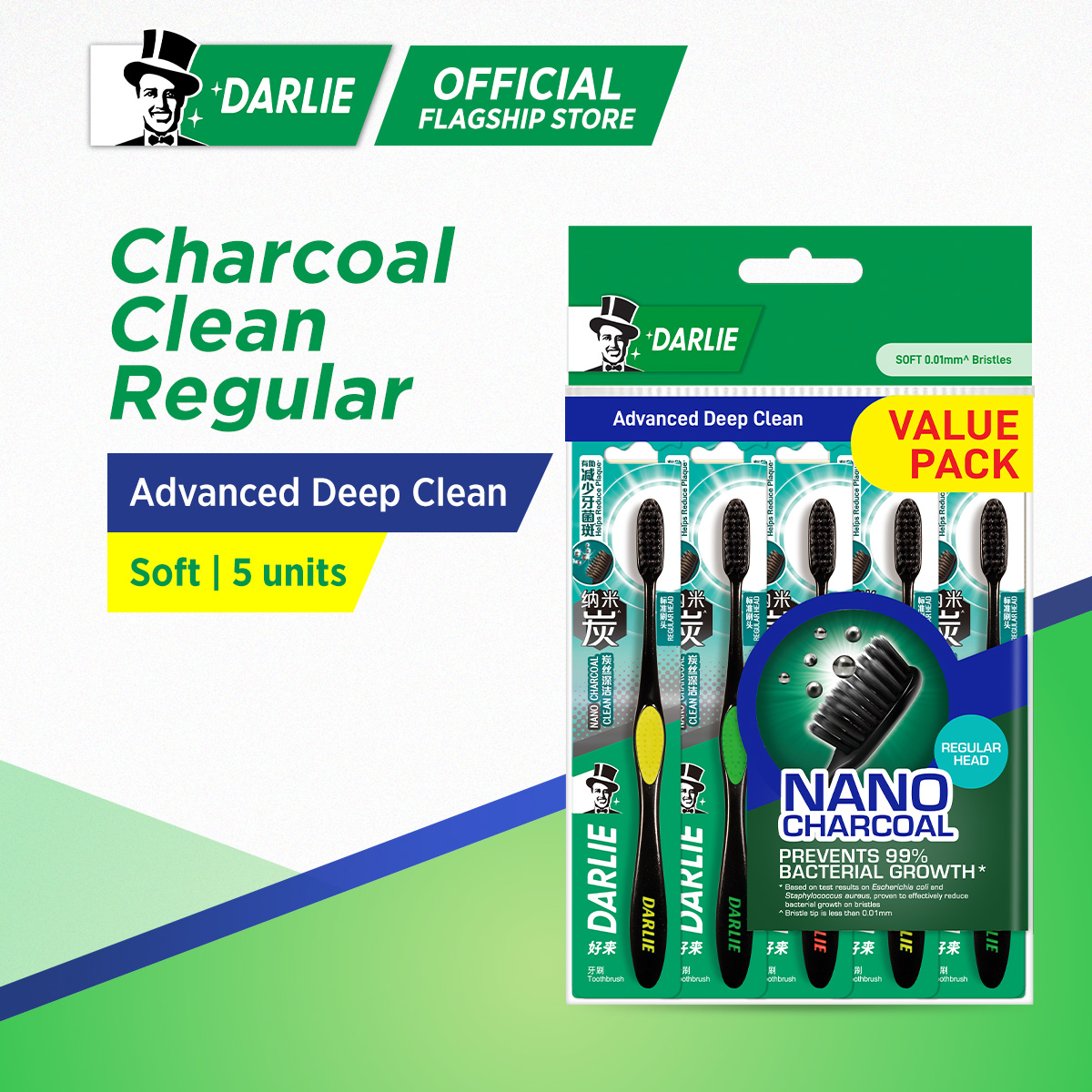 Darlie Charcoal Clean Toothbrush (Regular Head) (Soft) 5 units Value Pack