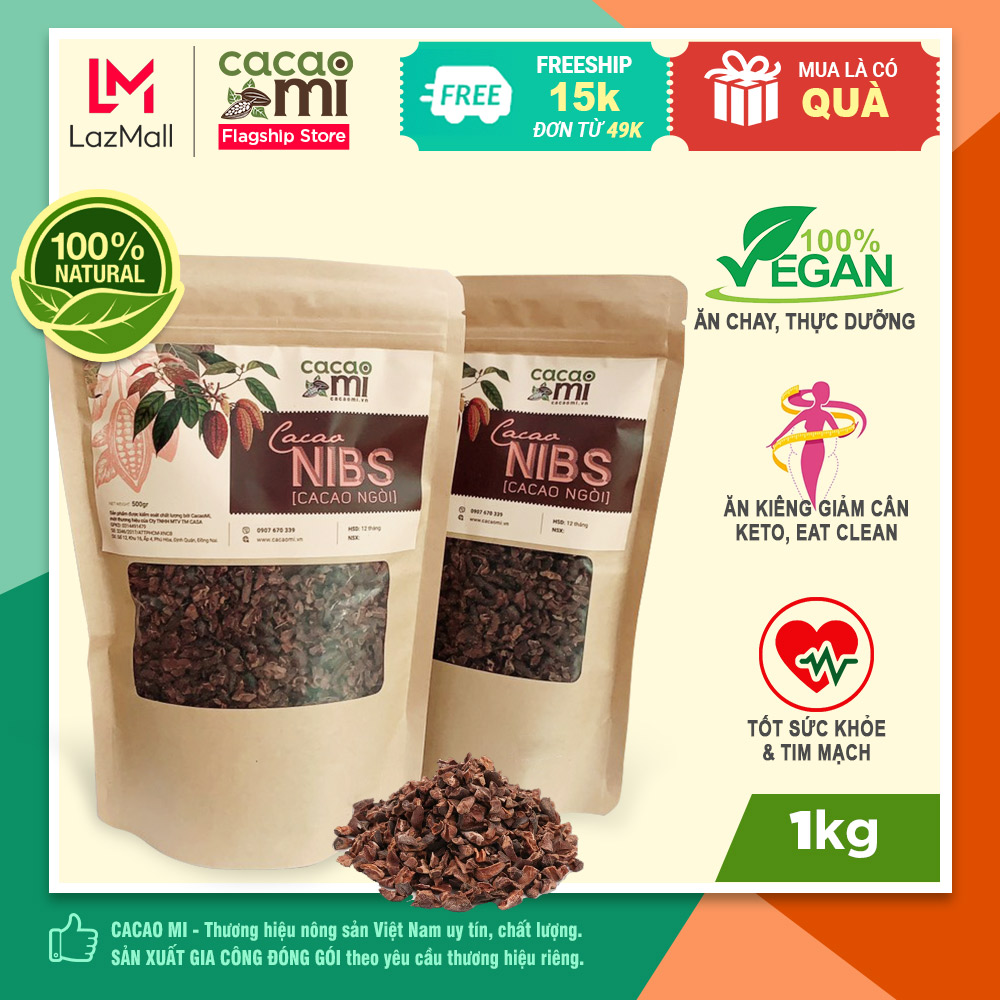 Cocoa Nibs (ca cao ngòi) Cacaomi hạt cacao rang mộc tự nhiên dùng ăn chay, trộn granola, salad, ăn kiêng giảm cân Keto Eatclean chuẩn xuất khẩu UTZ 1kg