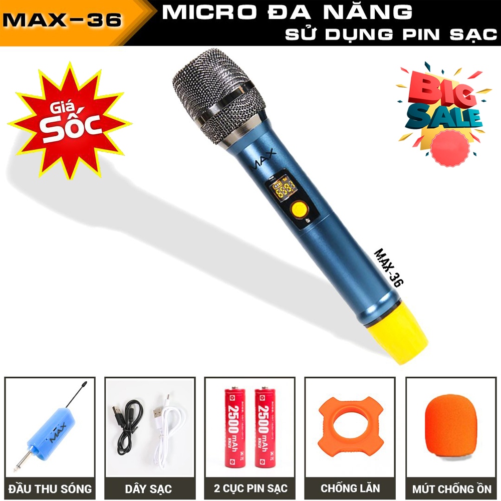 Micro Không Dây Max 36 Micro Karaoke Sân Khấu Đa Năng Hút âm tốt, chống hú hiệu quả - Sạc pin ngay trên mic - Sử dụng pin sạc dung lượng cao - Màn hình LCD hiển thị tần số - Phù hợp mọi thiết bị . Bảo Hành 12 Tháng