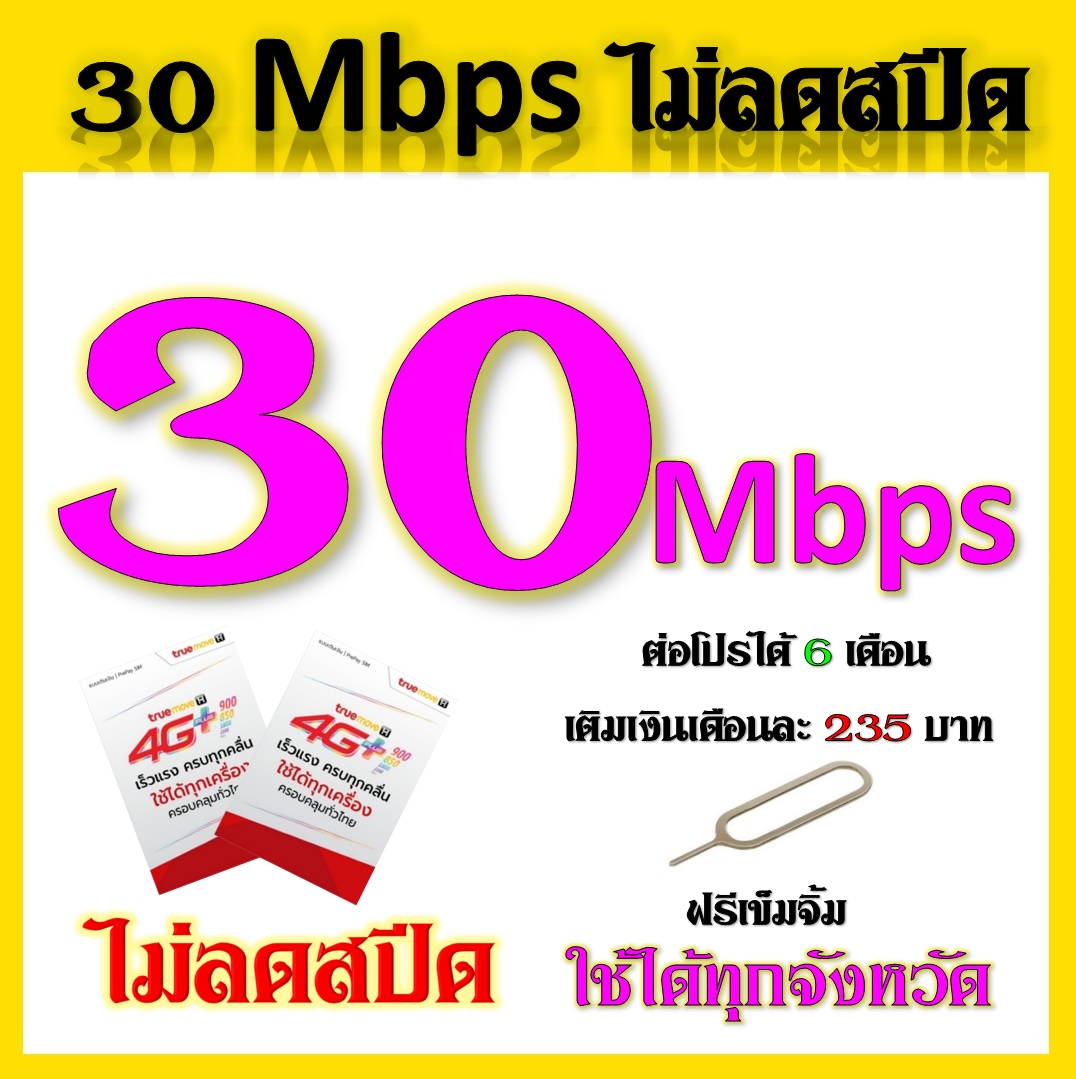 SIM โปรเทพ 30 Mbps ไม่ลดสปีด เล่นได้ไม่อั้น ไม่จำกัด แถมฟรีเข็มจิ้มซิม