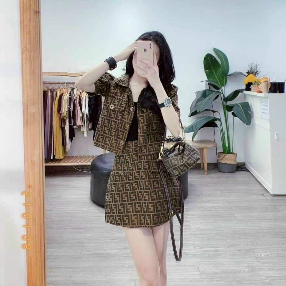 Sét áo croptop tay búp cài nút phối túi 2 bên + chân váy ford siêu chất ssmsdx0016