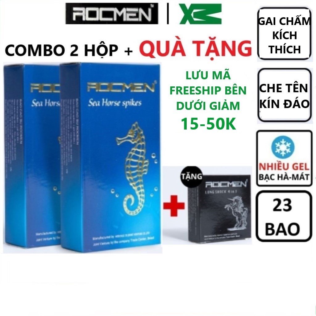 Combo 2 hộp bao cao su gai kéo dài thời gian quan hệ Rocmen cá ngựa xanh bcs chống xuất tinh sớm - tặng hộp đen nhỏ
