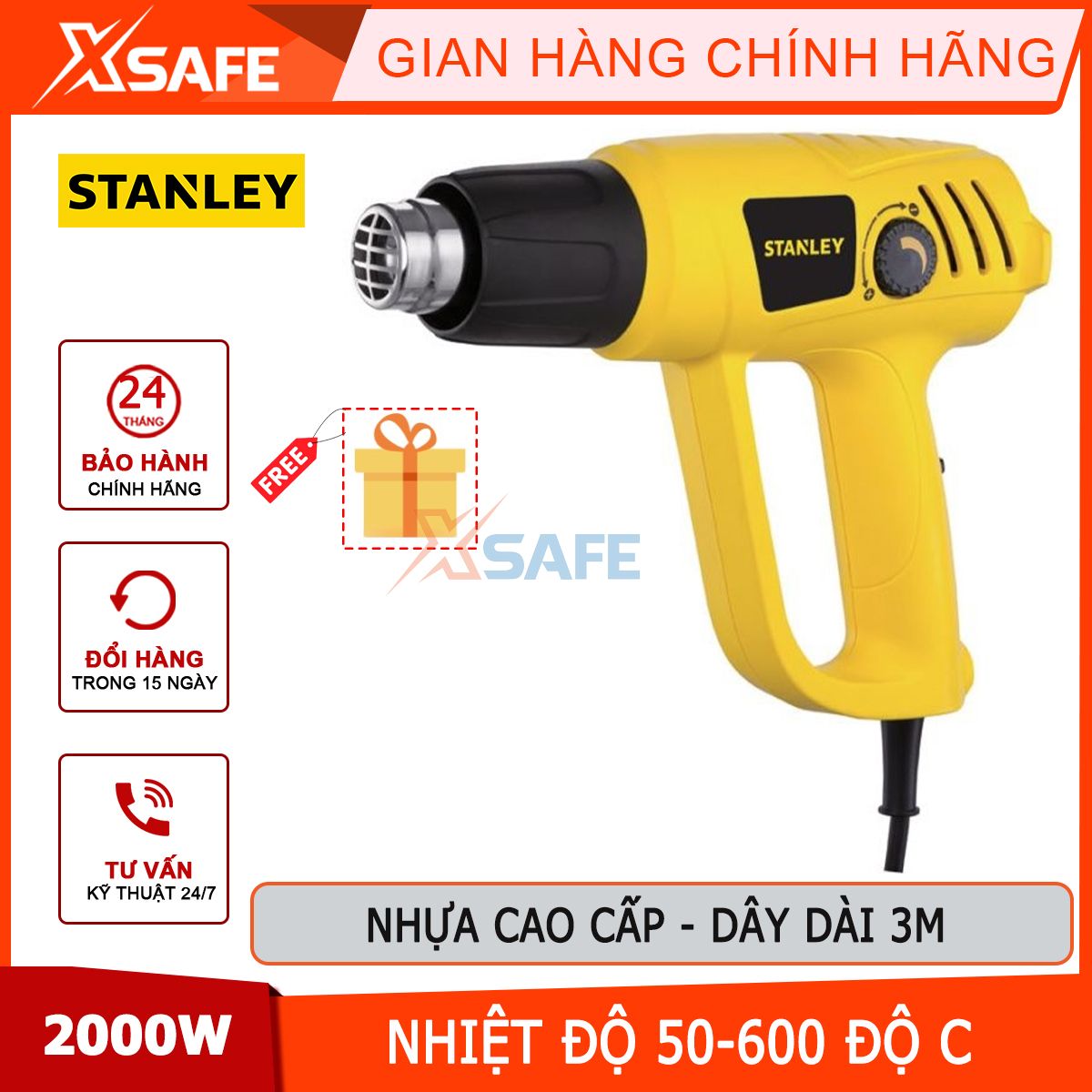 Máy thổi hơi nóng 2000w stanley stel670-b1, có 2 thang nhiệt độ: 50-450 độ/90-800 độ. chức năng điều chỉnh nhiệt độ tạo ra hơi nóng, nhiệt độ từ 50800°c, dây dài 3m