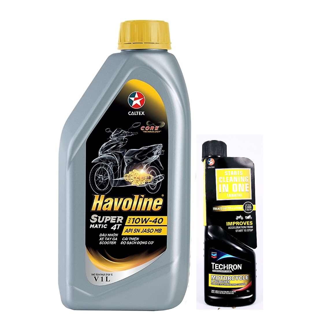 [HCM][COMBO] Nhớt xe ga bình xám nắp vàng Caltex Havoline Matic 10W40 1L +dung dich làm sạch hệ thống nhiên liệu xăng Caltex TCP Techron 75ML