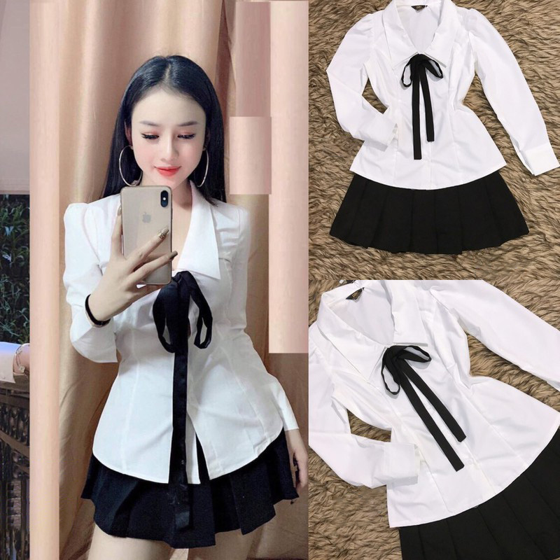 [Hàng Hot] Sét Đồ Bộ Nữ Tiểu Thư Áo Sơ Mi & Chân Váy Thủy Thủ ( Váy Có Quần Trong ) Thời Trang Kiểu Cách Đi Chơi, Đi Dự Tiệc D.ONE FASHION, Mẫu Free Size (40-55Kg) Mặc Vừa