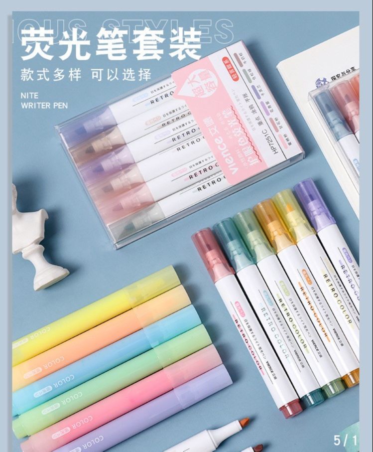 Hộp 6 Bút Highlight VIENCE - Hộp 6 Bút Dạ Quang màu Pastel Morandi Retro, bút đánh dấu nhớ dòng, hỗ trợ ghi chú, trang trí sổ văn phòng phẩm, Lame.Store, LM0007